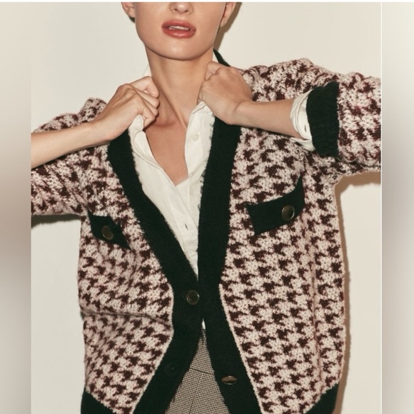 NEW Anthropologie Maeve Fuzzy Houndstooth Cardigan Sweater Small Black White - Picture 4 of 16